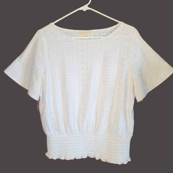 Michael Kors Collection White Eyelet Smocked-Hem Blouse - Women's Size M - Picture 7 of 12